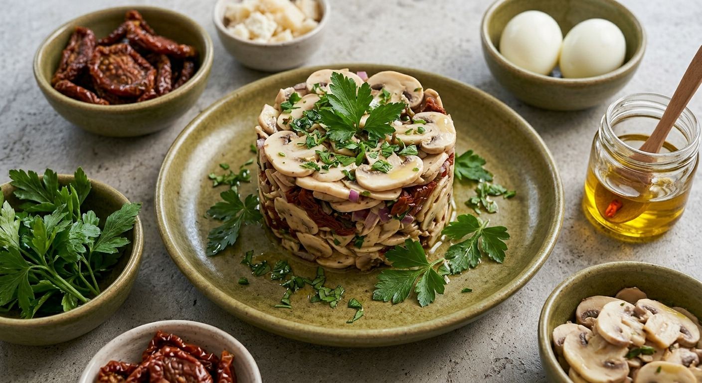 Ensalada de champiñones macerados con tomates secos