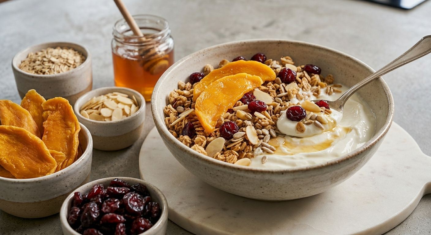 Bol de yogur con granola, mango deshidratado y arándanos